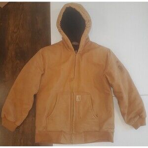 Carhartt Youth XL 14/16 Active Jacket Brown Fleece Lined Hooded Duck Canvas